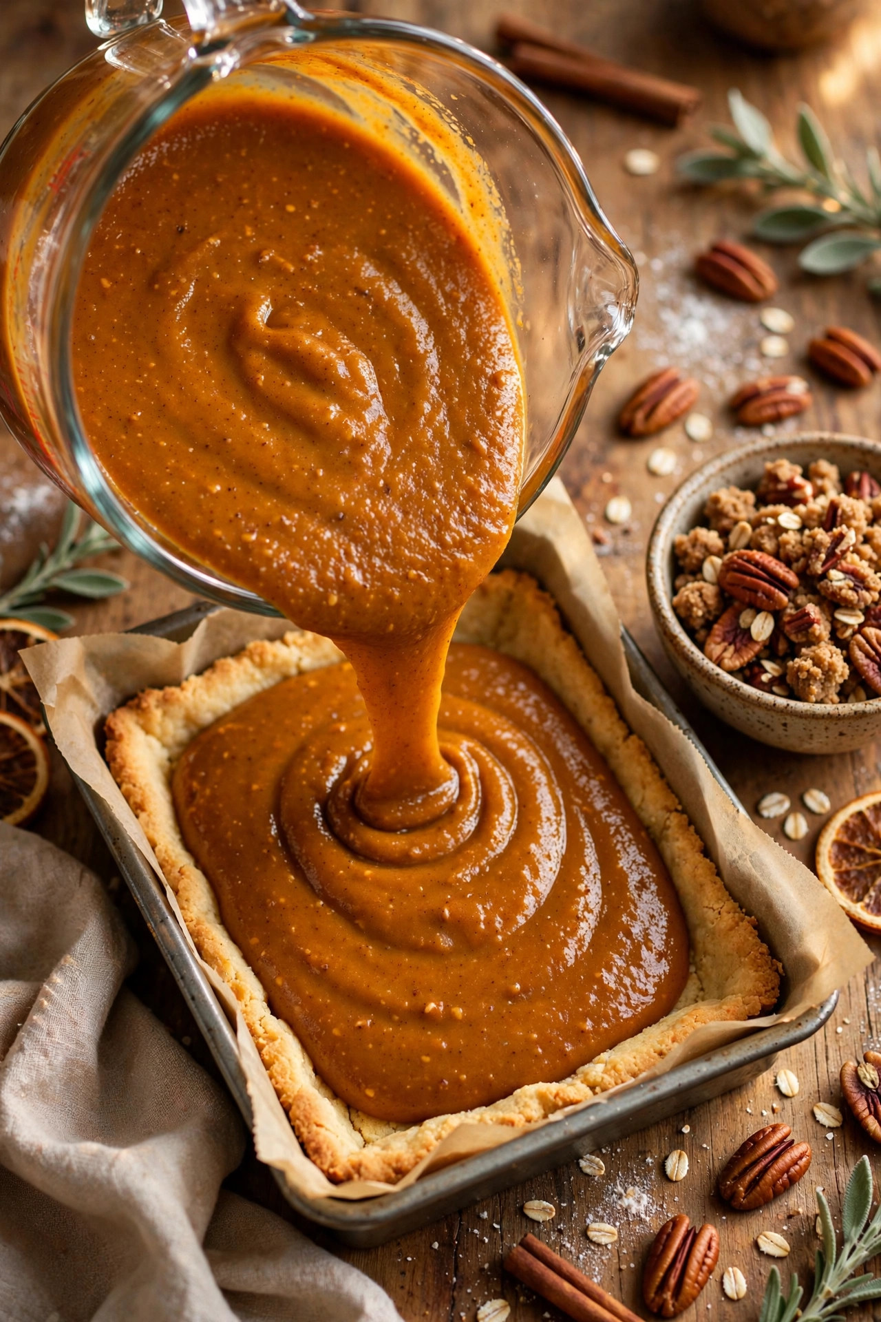 Pouring pumpkin filling and adding pecan crumble for pecan pumpkin pie bars