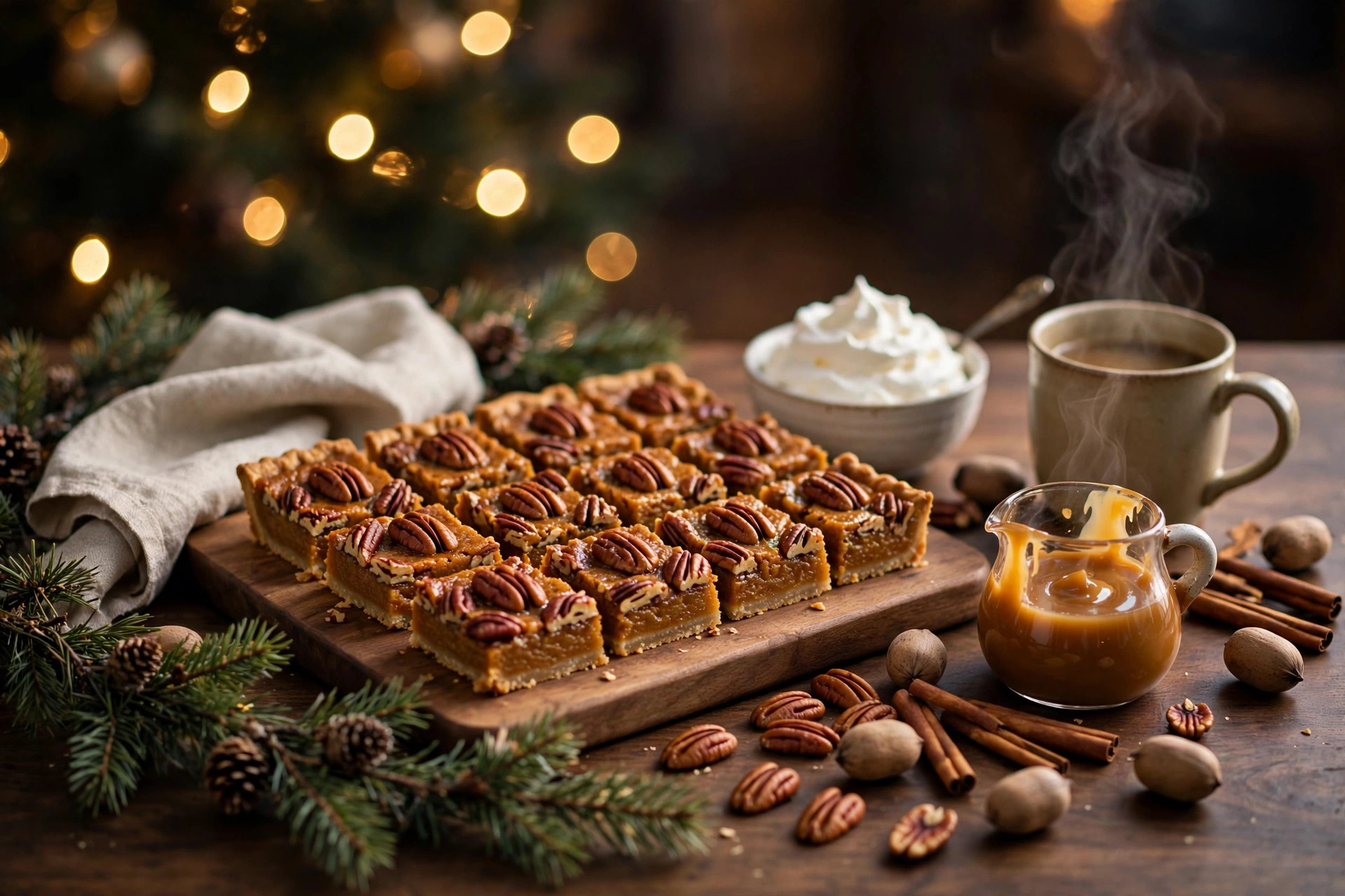 Pecan pumpkin pie bars served on a holiday dessert board with coffee