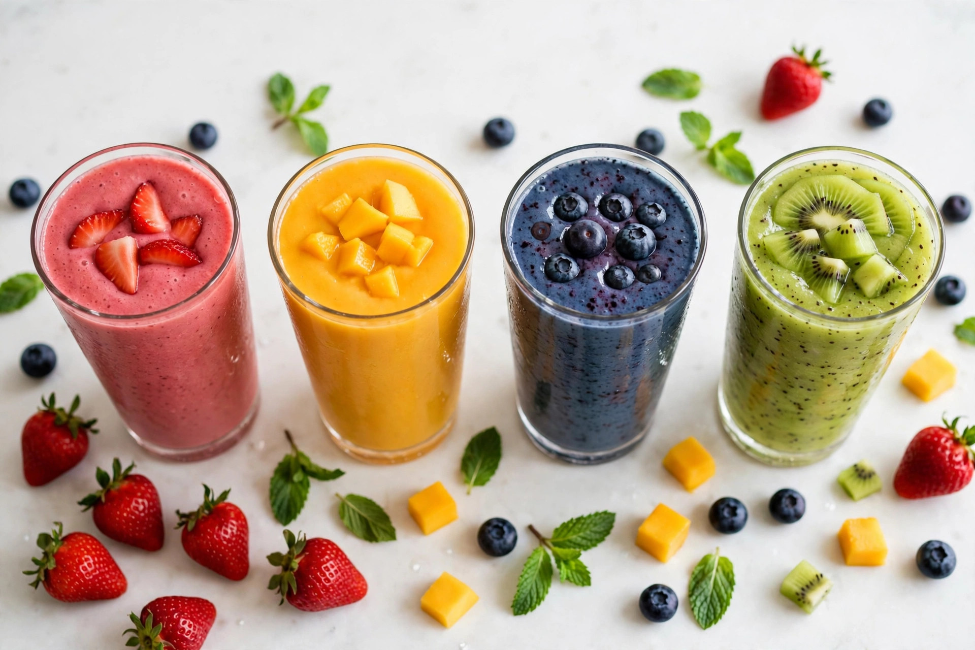Overhead flat-lay of four colorful easy fruit smoothie recipes in tall glasses with fresh strawberries, mango and blueberries