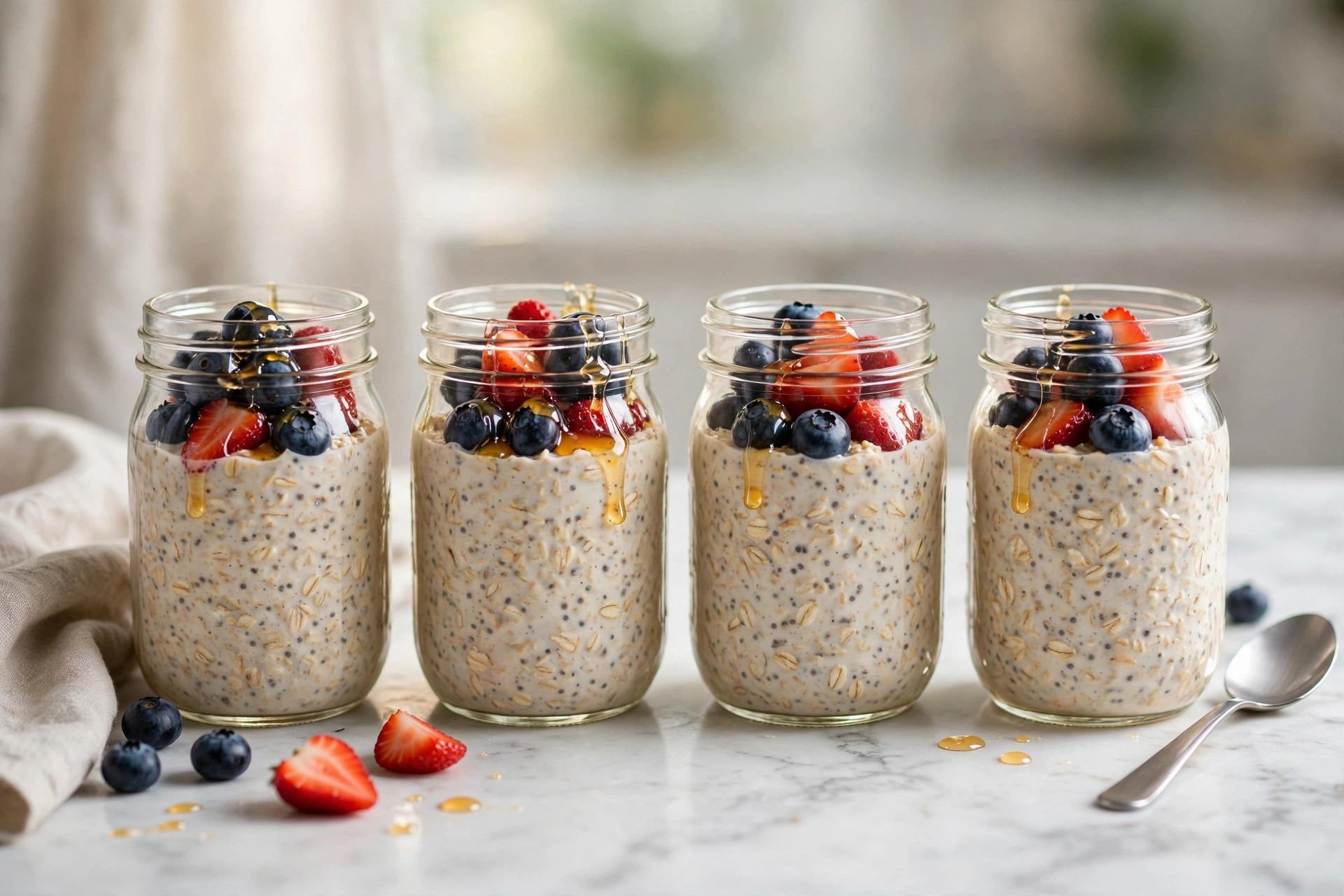 Mason jars of creamy overnight oats topped with fresh berries — easy overnight oats recipes