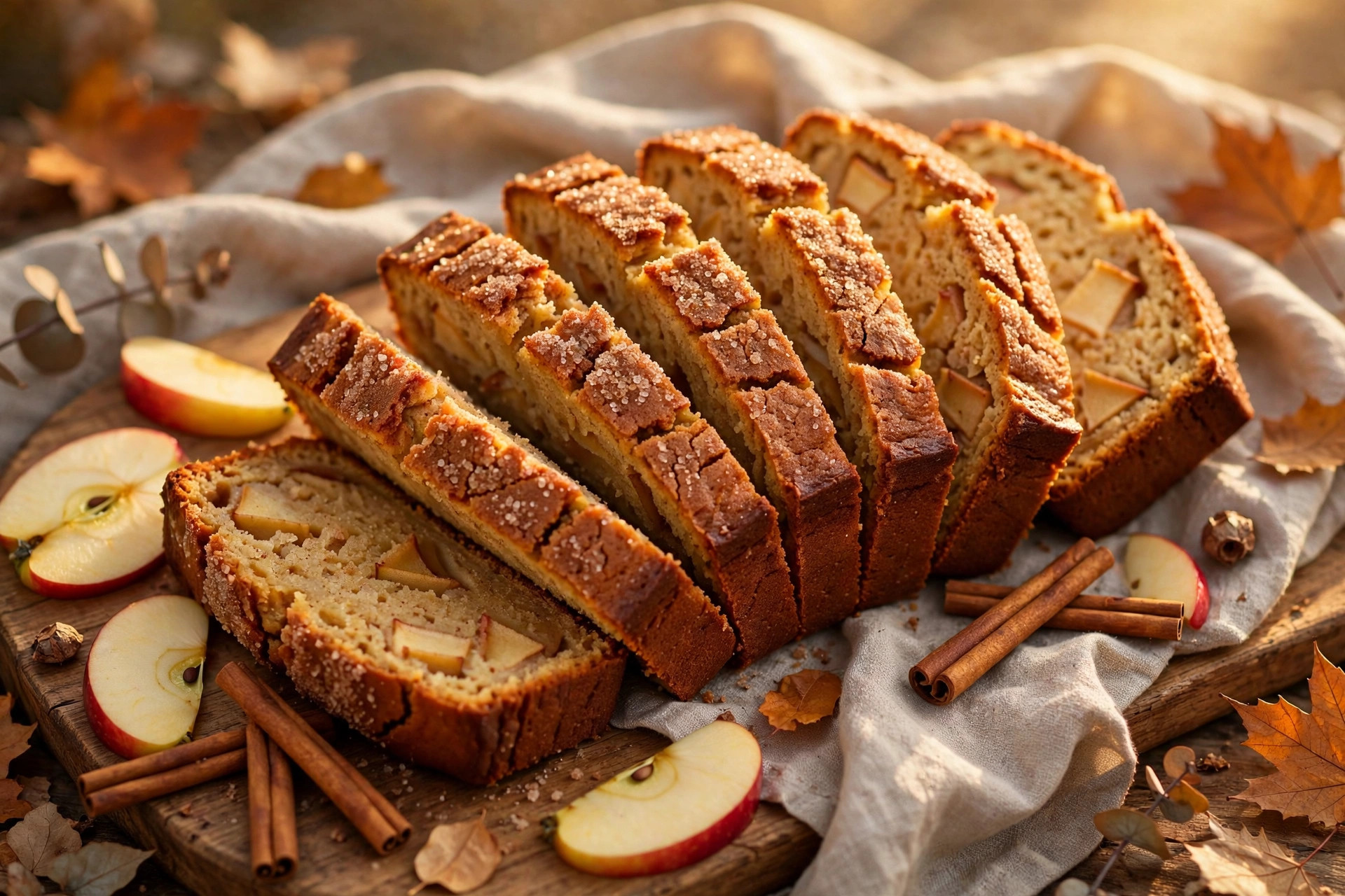 Sliced apple cider cake with crackly cinnamon-sugar topping on a wooden board