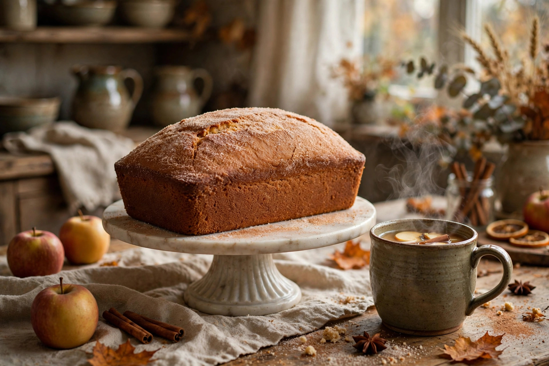 Whole apple cider loaf cake on a cake stand beside a steaming mug of apple cider