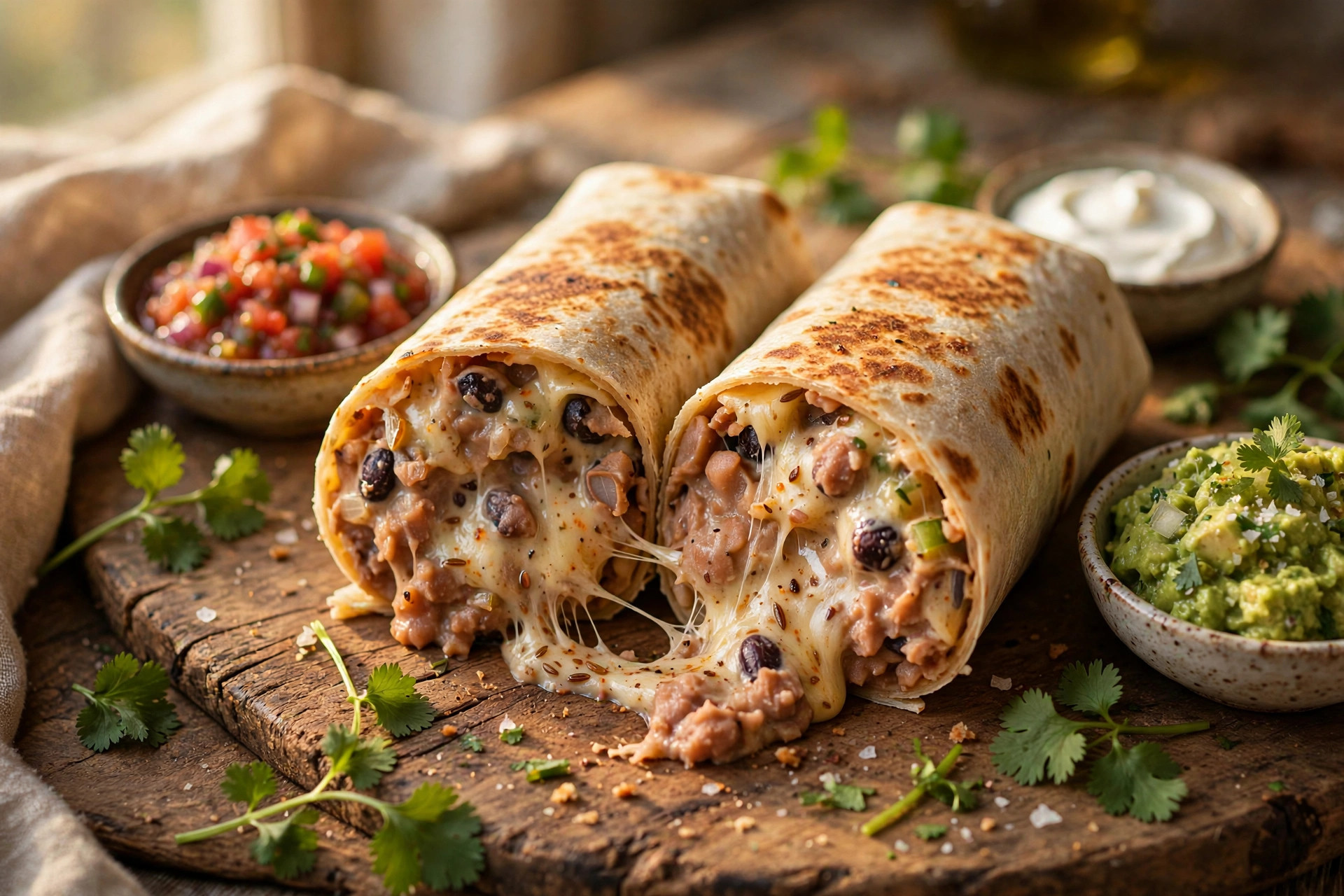 Bean burrito cut in half showing seasoned bean and melted cheese filling, with salsa and sour cream