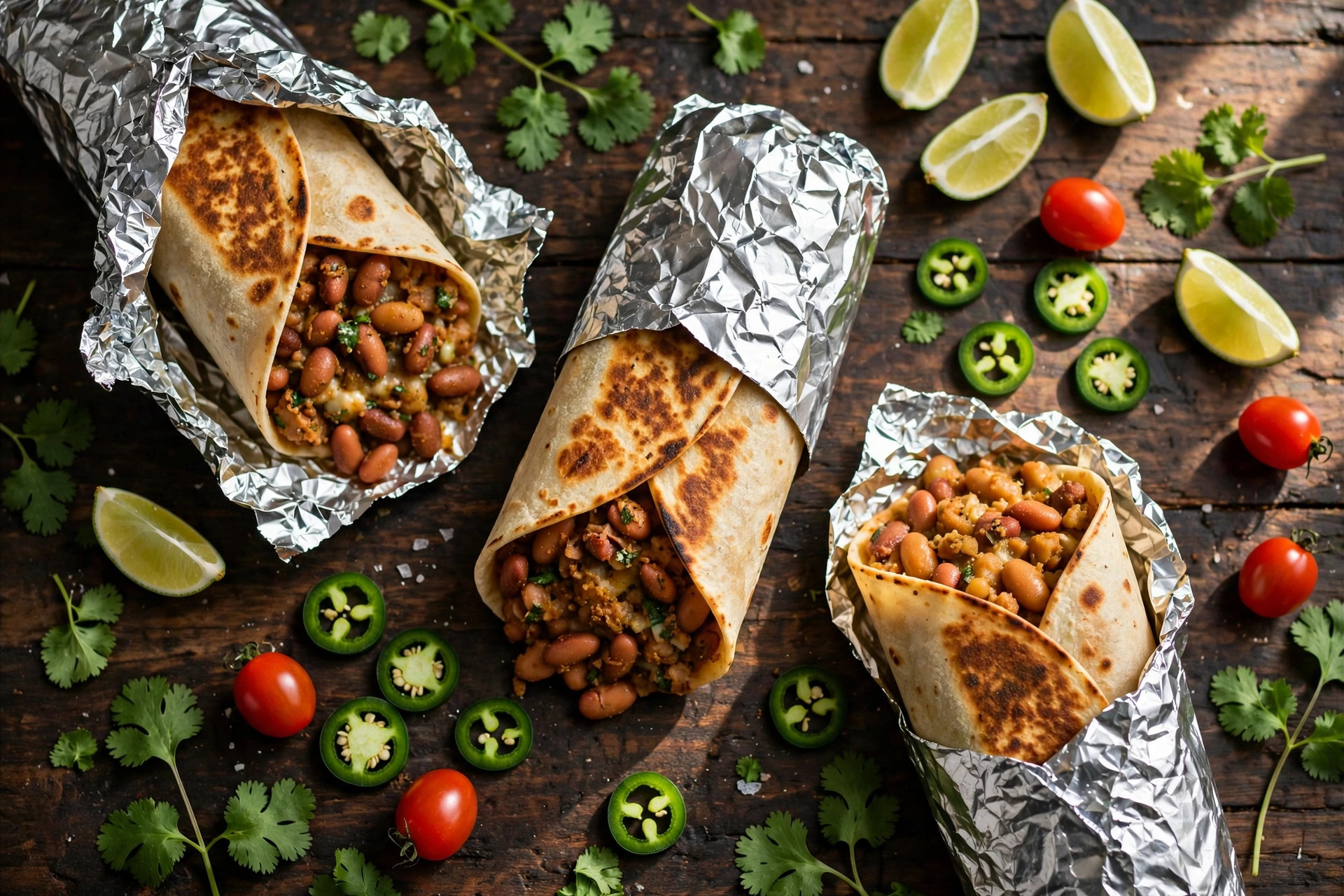Golden-seared bean burritos on a rustic board with lime wedges, jalapenos, and fresh toppings