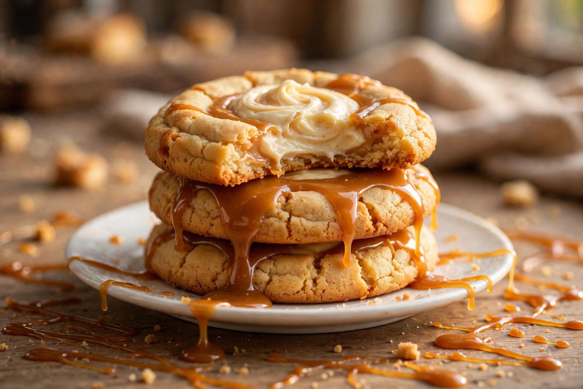 Caramel cheesecake cookies stacked with glossy caramel drizzle on a rustic table