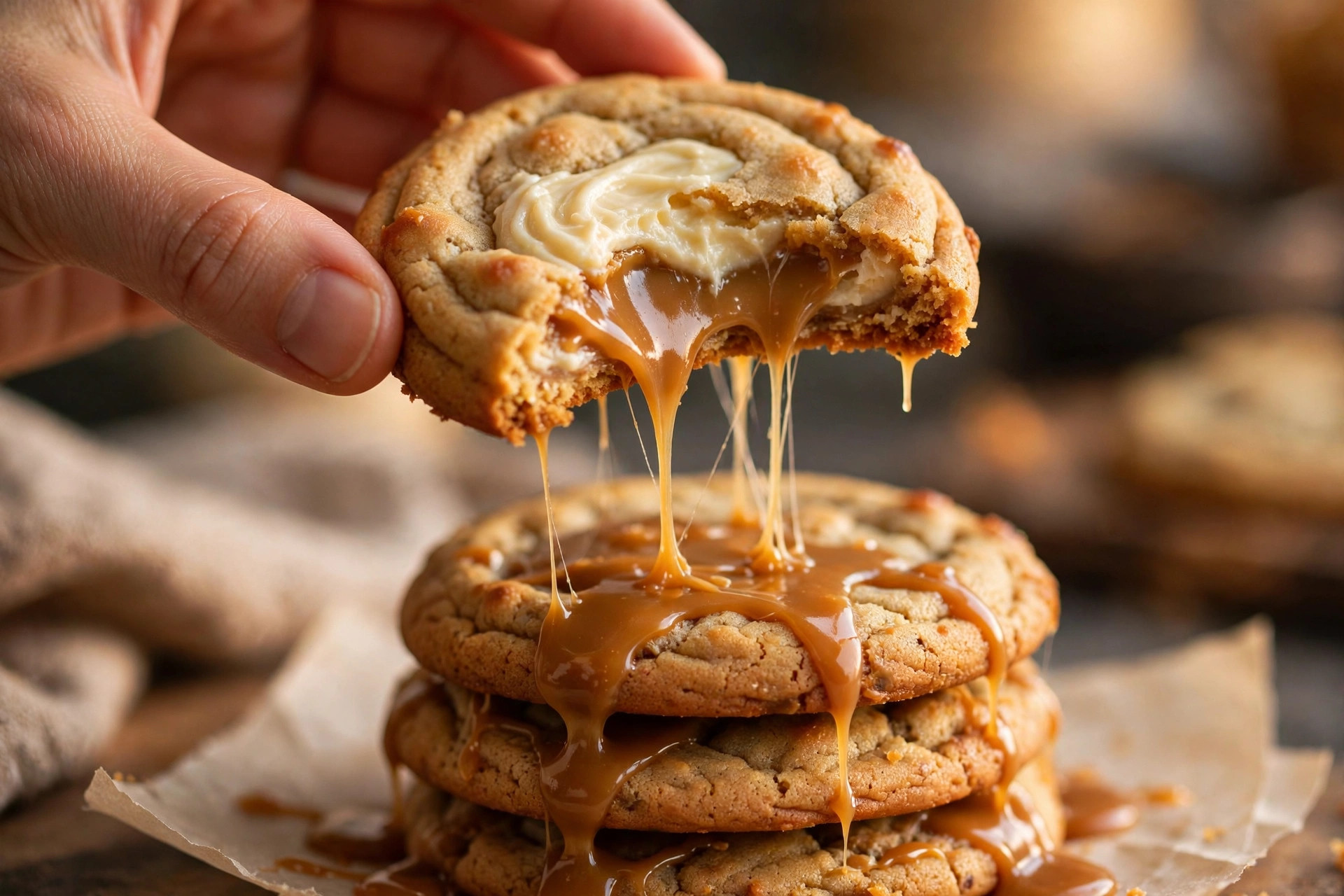 Caramel cheesecake cookie with a bite showing the gooey caramel center and creamy filling