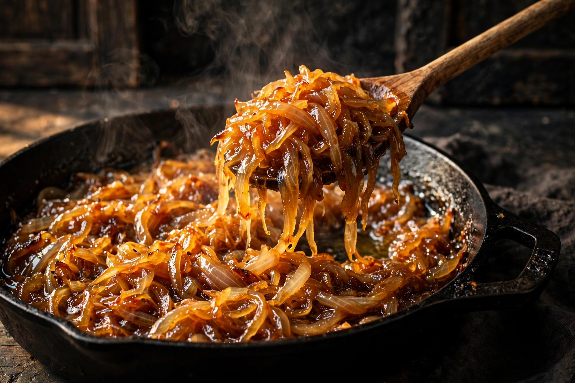 Deeply golden caramelized onions glistening in a cast iron skillet, jammy and soft with rich amber color