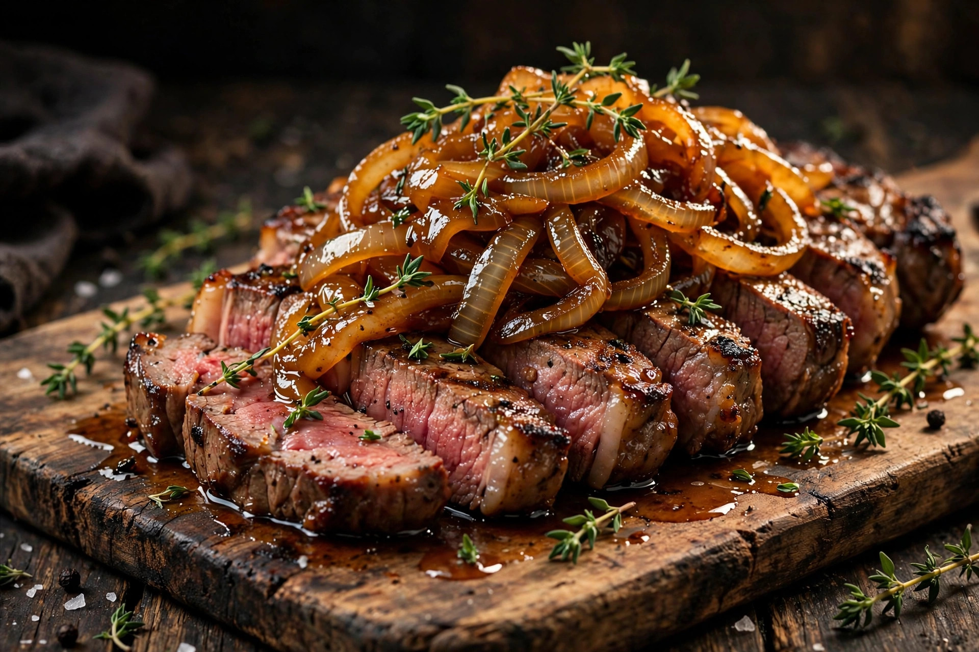 Sliced grilled steak topped with caramelized onions and fresh thyme on a rustic cutting board