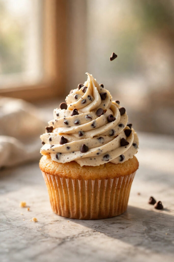 Chocolate chip frosting swirled on a vanilla cupcake with mini chocolate chips