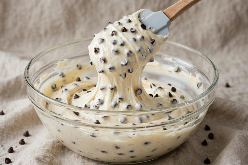 Close-up of creamy homemade chocolate chip frosting in a glass bowl with spatula