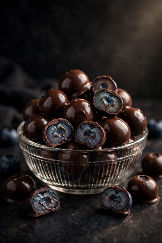 Glossy chocolate covered blueberries in a glass bowl, one cut open showing the blueberry inside