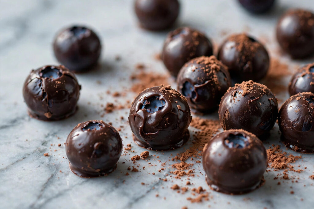 Chocolate covered blueberries scattered with cocoa dust on marble, macro shot