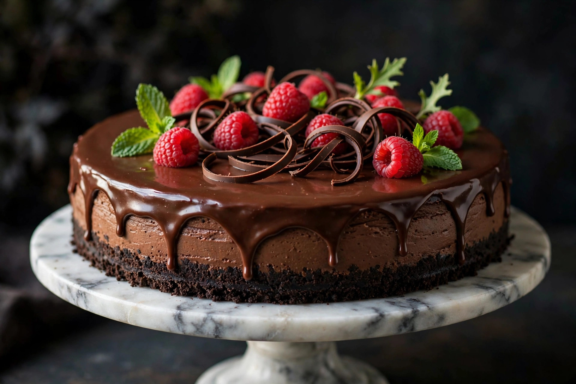 Chocolate Mascarpone Cheesecake with glossy ganache, chocolate curls and fresh raspberries on a cake stand