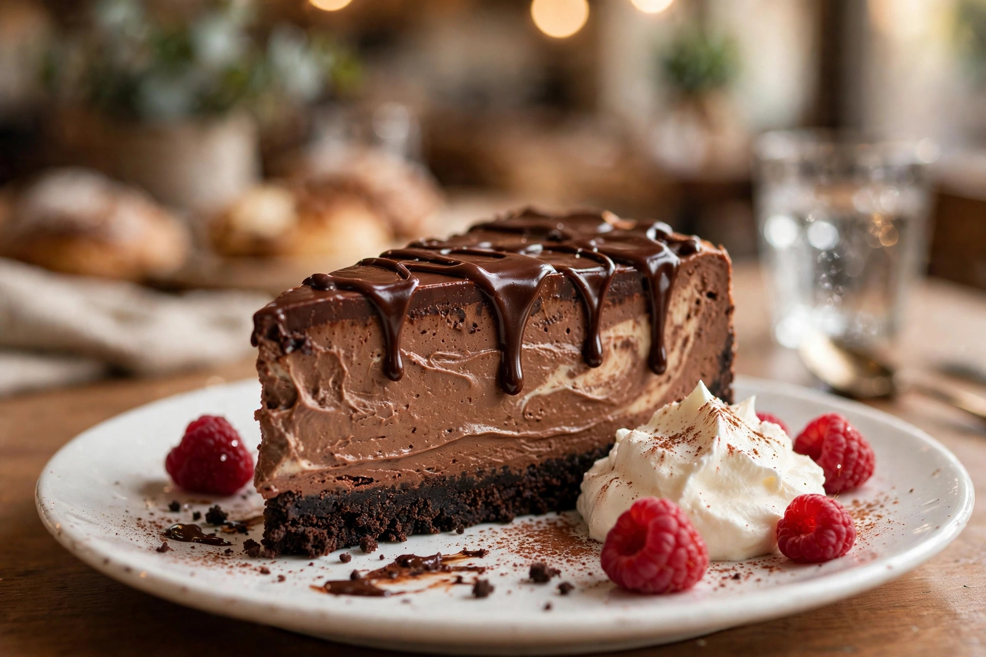 Chocolate Mascarpone Cheesecake slice showing creamy filling and chocolate cookie crust with raspberries