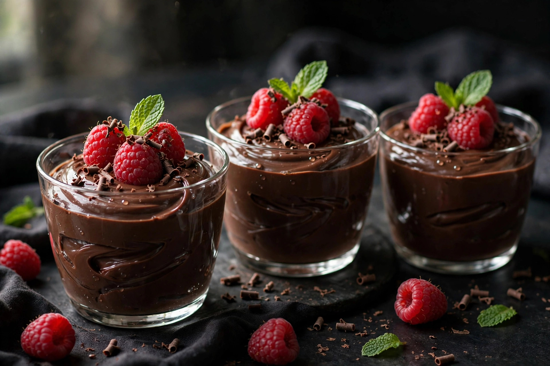 Silky chocolate tofu pudding in clear dessert glasses topped with fresh raspberries and chocolate shavings