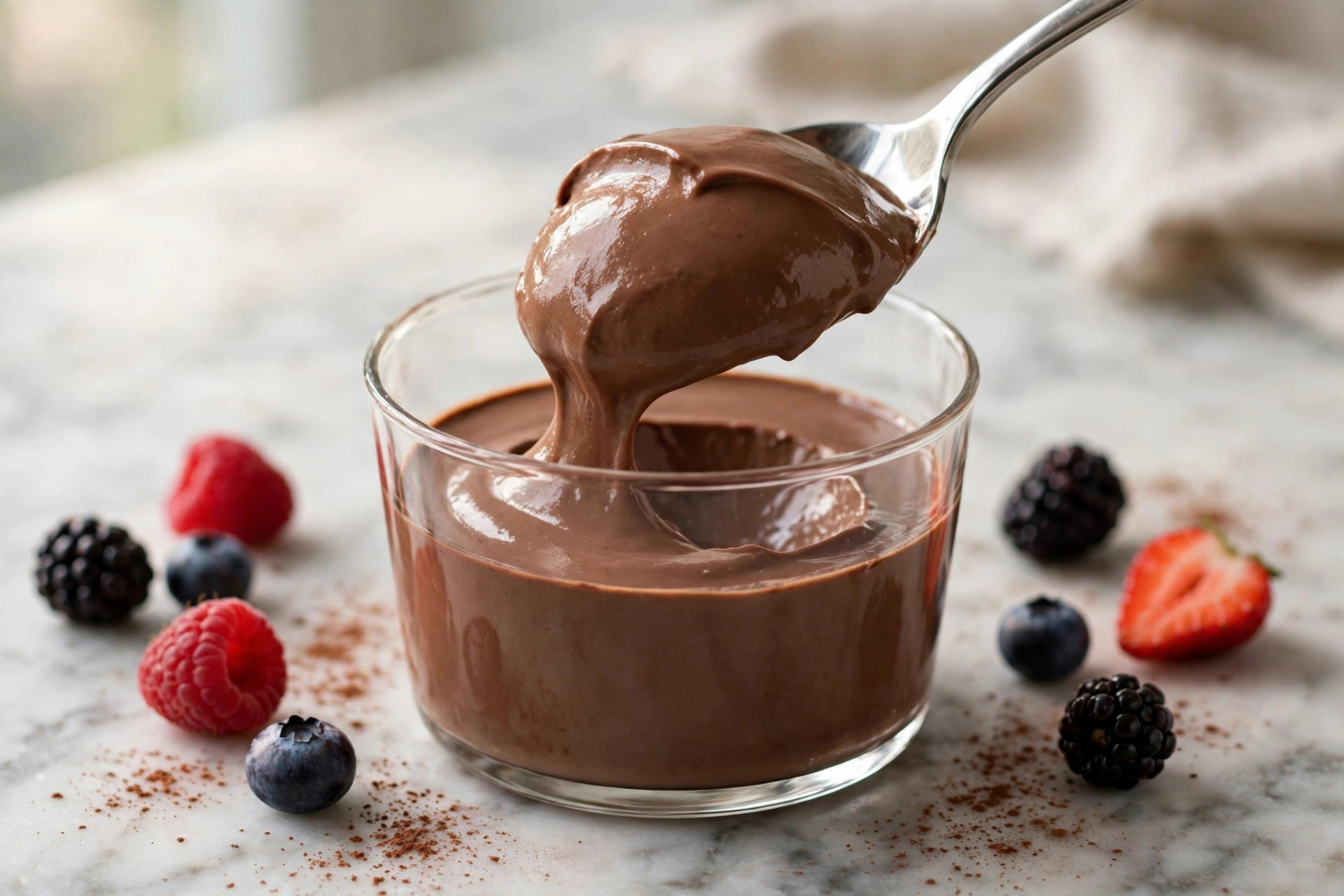 Spoon lifting a scoop of creamy smooth chocolate tofu pudding from a glass dessert cup