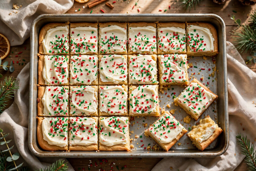 christmas cookie bars with vanilla frosting and red and green sprinkles in a baking pan