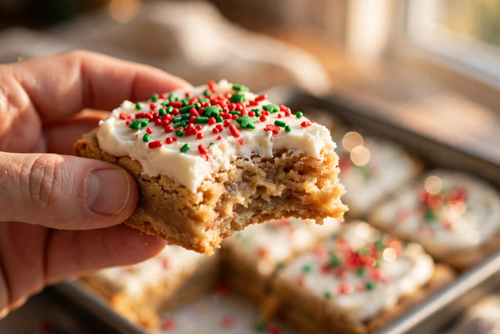 hand holding a christmas cookie bars slice with a soft chewy center