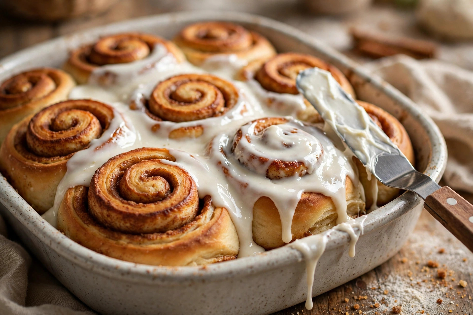 Warm cinnamon rolls being spread with glossy homemade cinnamon roll icing