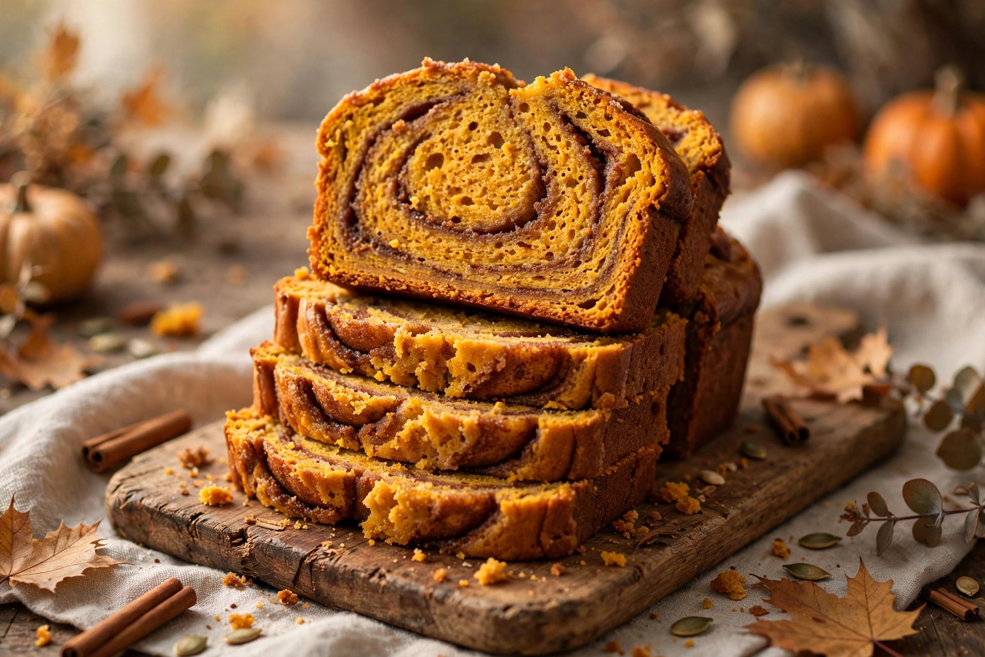 Sliced cinnamon roll pumpkin bread showing the cinnamon-sugar swirl through moist pumpkin crumb
