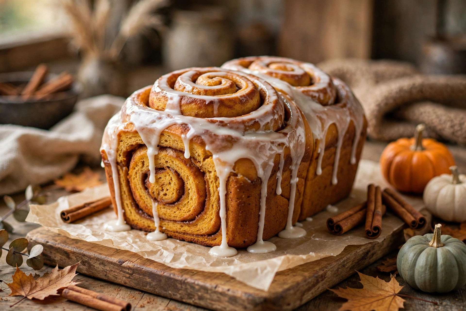 Whole glazed cinnamon roll pumpkin bread loaf styled with cinnamon sticks and small pumpkins