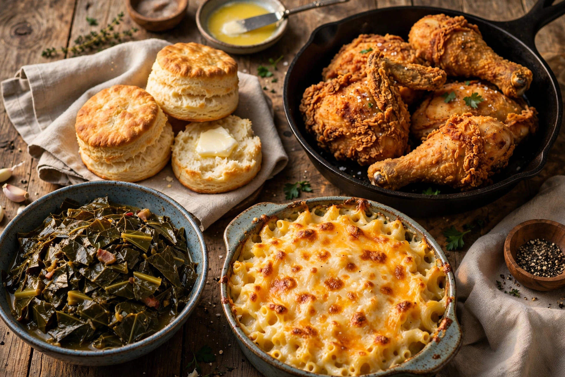 Southern spread of Dolly Parton recipes with fried chicken, buttermilk biscuits and collard greens