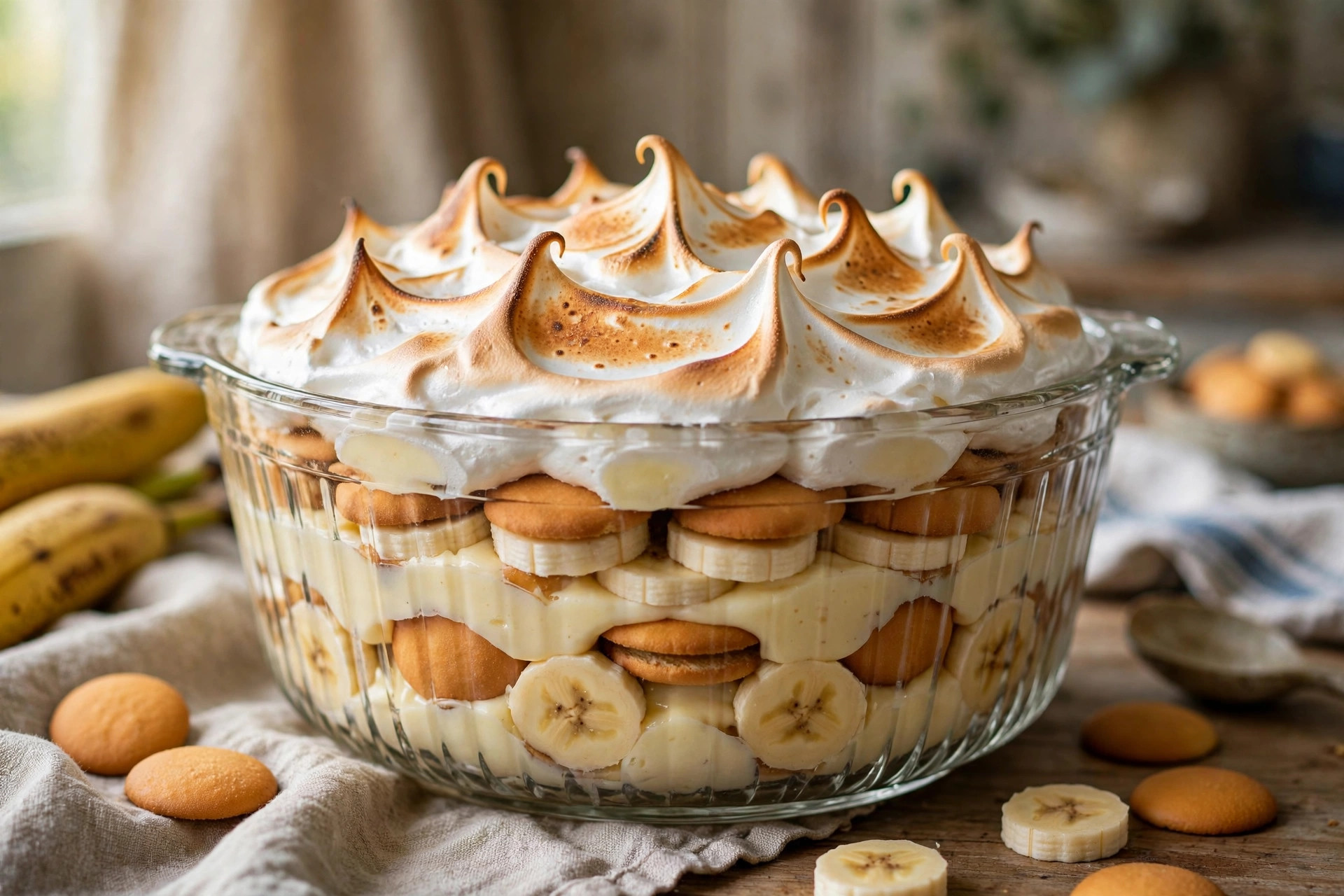 Old-fashioned banana pudding from these Dolly Parton recipes with toasted meringue topping