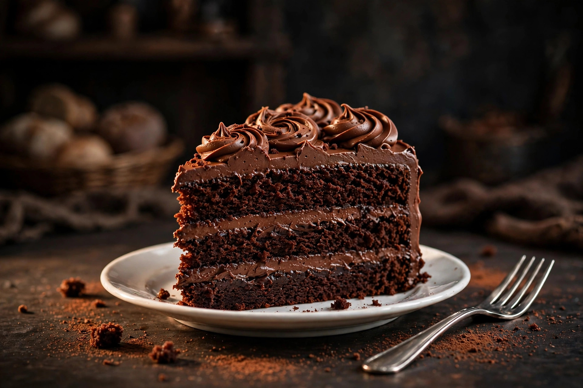 Easy Chocolate Cake Recipe slice with swirled chocolate frosting on a white plate