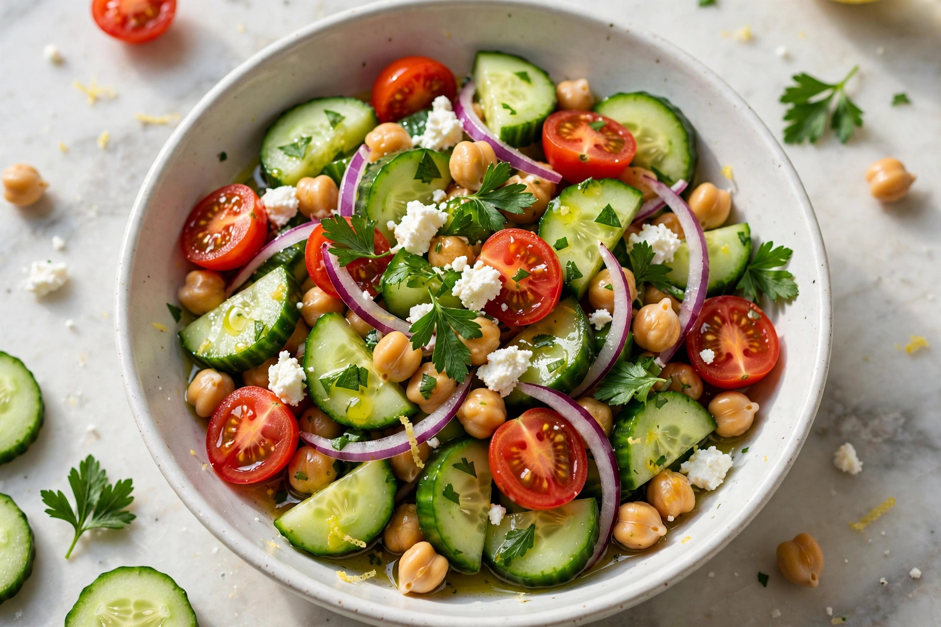 Bright cucumber chickpea salad in a white bowl with cherry tomatoes, red onion, parsley and crumbled feta in lemon dressing