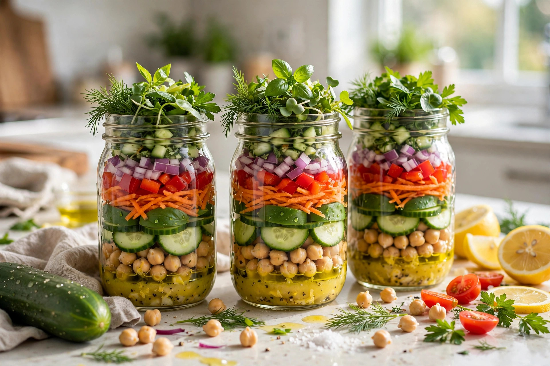 Meal-prep mason jars layered with cucumber chickpea salad and lemon dressing on a bright kitchen counter