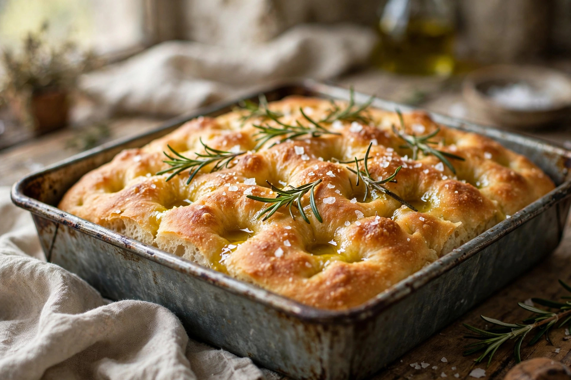 Golden easy focaccia recipe bread with fresh rosemary and flaky sea salt in a baking pan