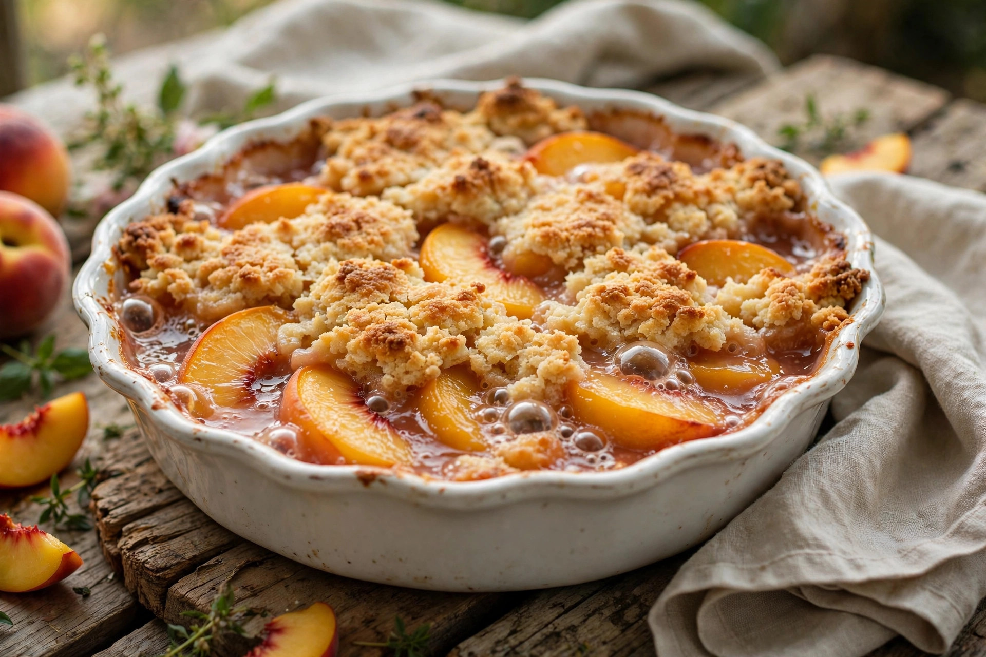 Golden easy peach cobbler recipe bubbling in a white ceramic baking dish