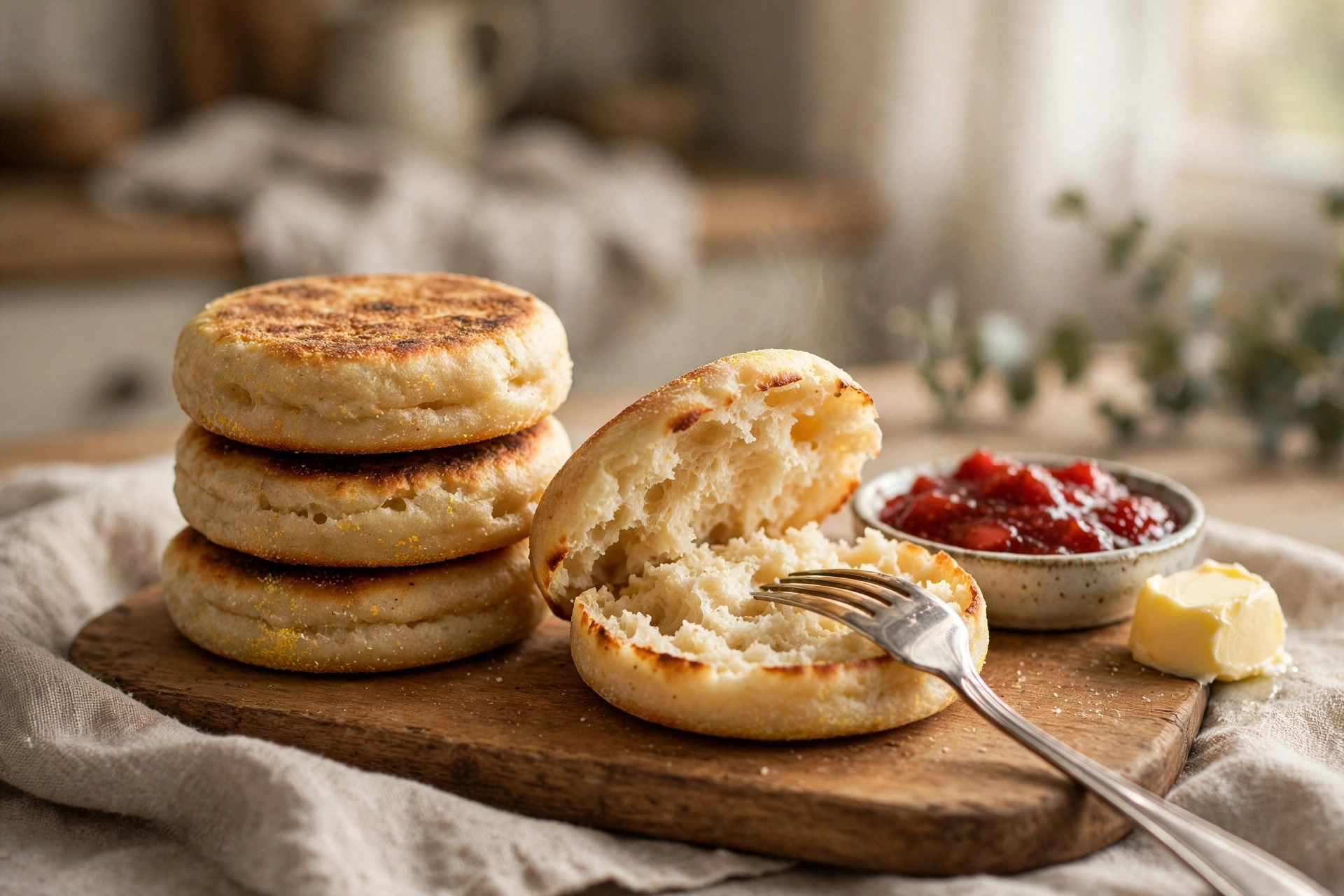 English Muffins Recipe — homemade golden English muffins, one fork-split showing soft nooks and crannies, with butter and jam