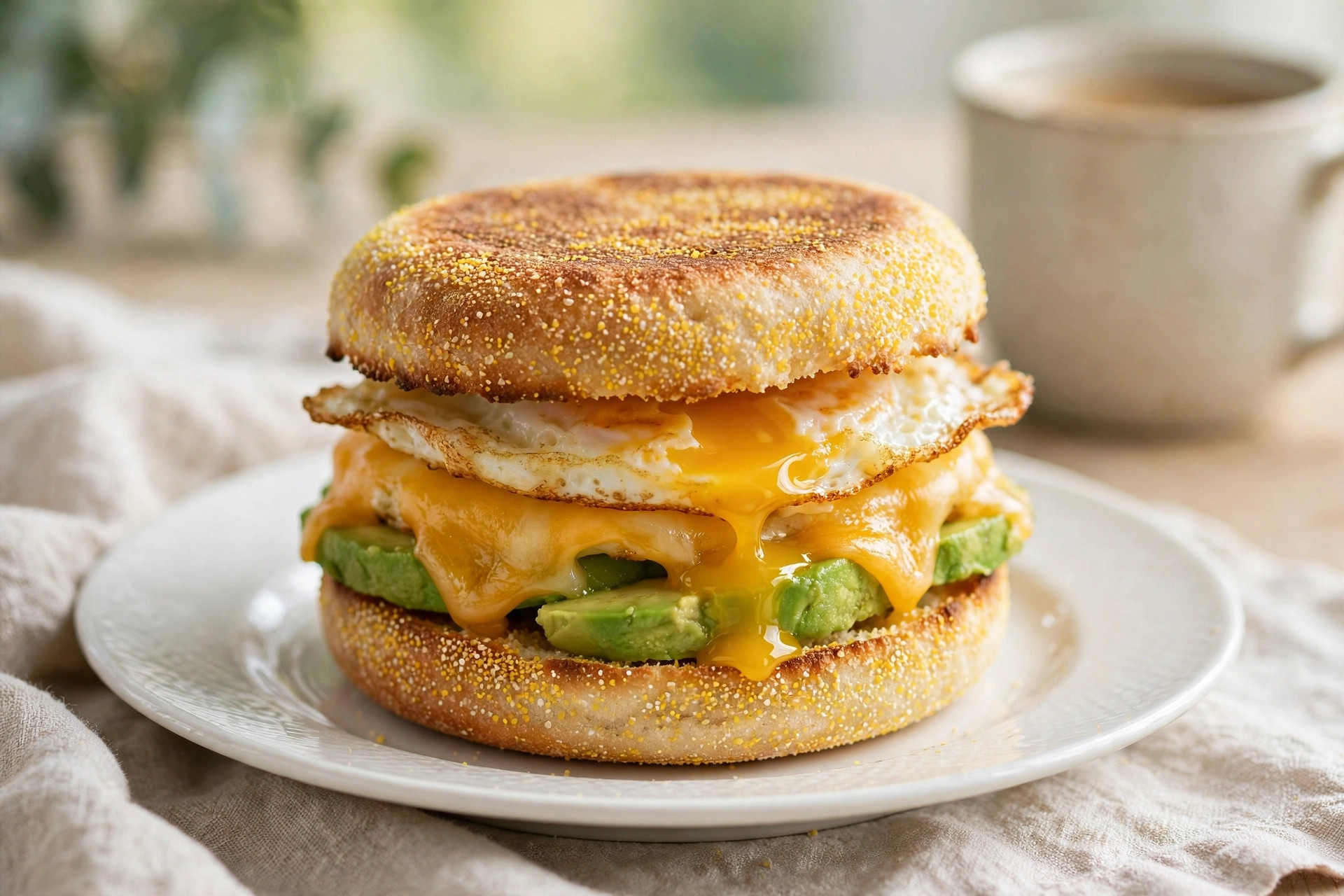 English Muffins Recipe breakfast sandwich with fried egg, cheese and avocado on a toasted homemade English muffin