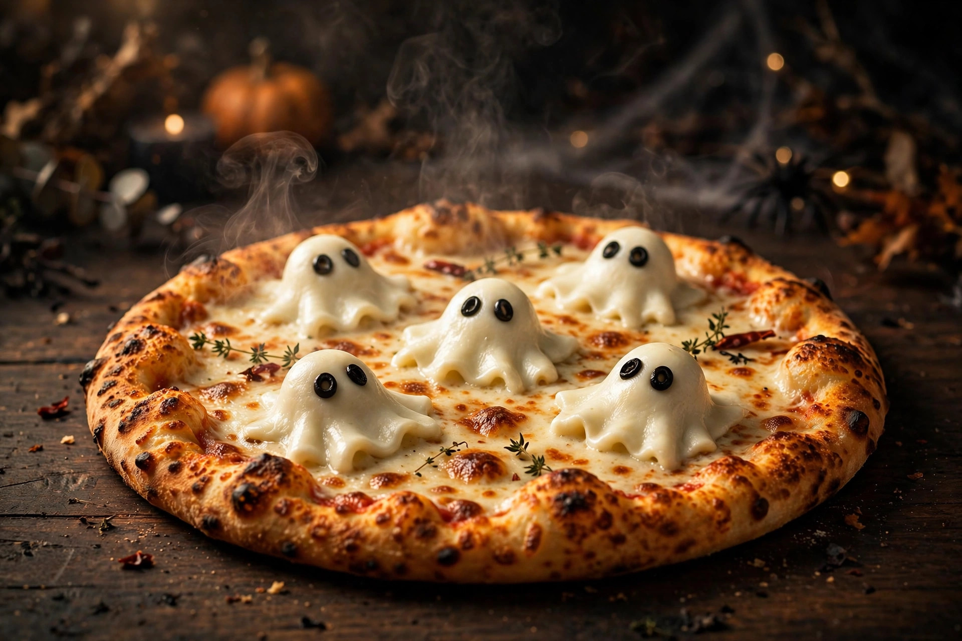 Freshly baked ghost pizza with mozzarella ghosts and olive eyes on a dark wooden table