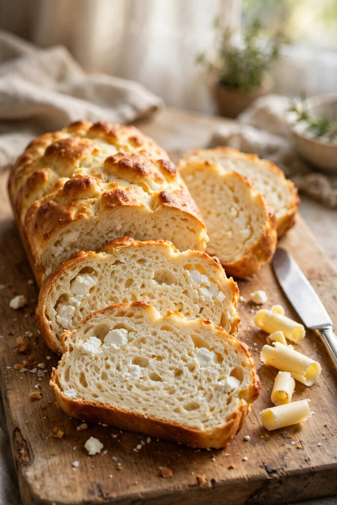 Sliced high protein cottage cheese bread loaf on a wooden cutting board showing the soft crumb