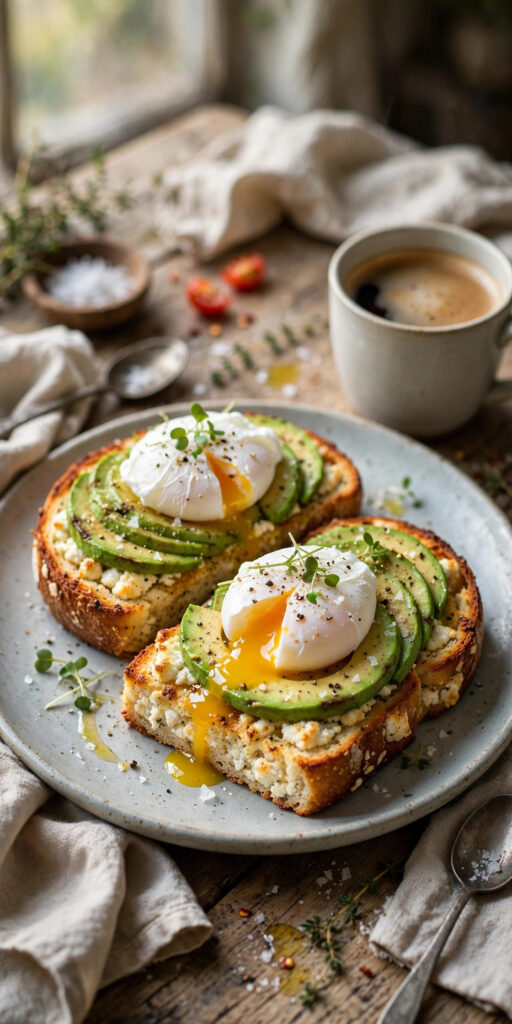Toasted high protein cottage cheese bread topped with avocado slices and a poached egg