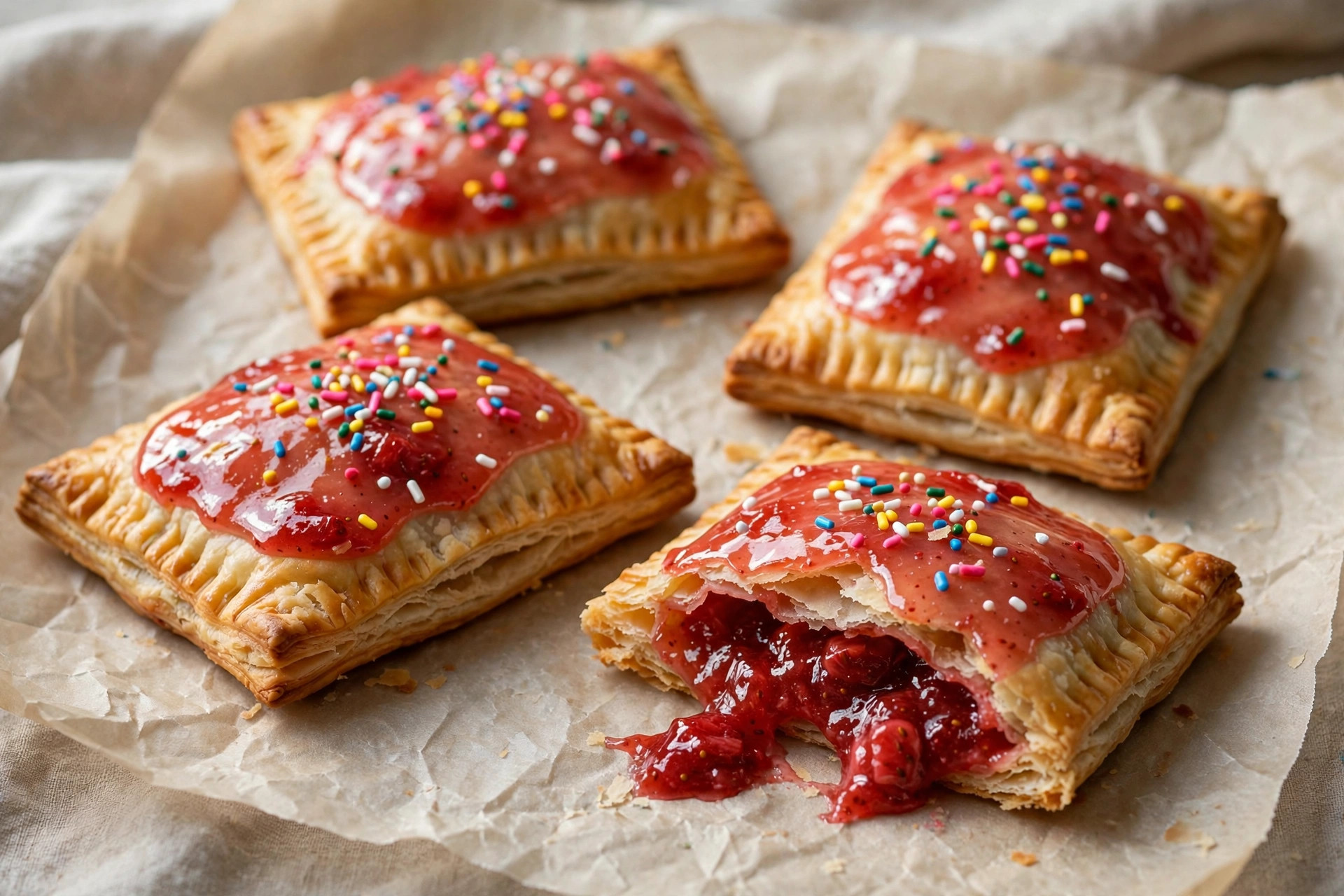 Homemade poptarts recipe with strawberry glaze and sprinkles on parchment paper, one broken open showing fruit filling