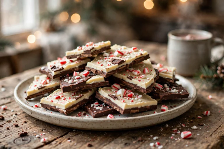 Pieces of homemade peppermint bark on a Christmas platter