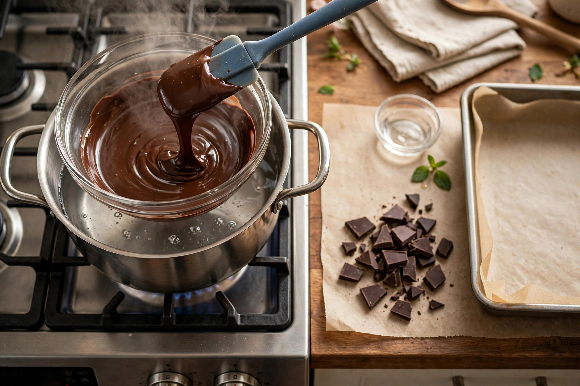 Melting dark chocolate for homemade peppermint bark