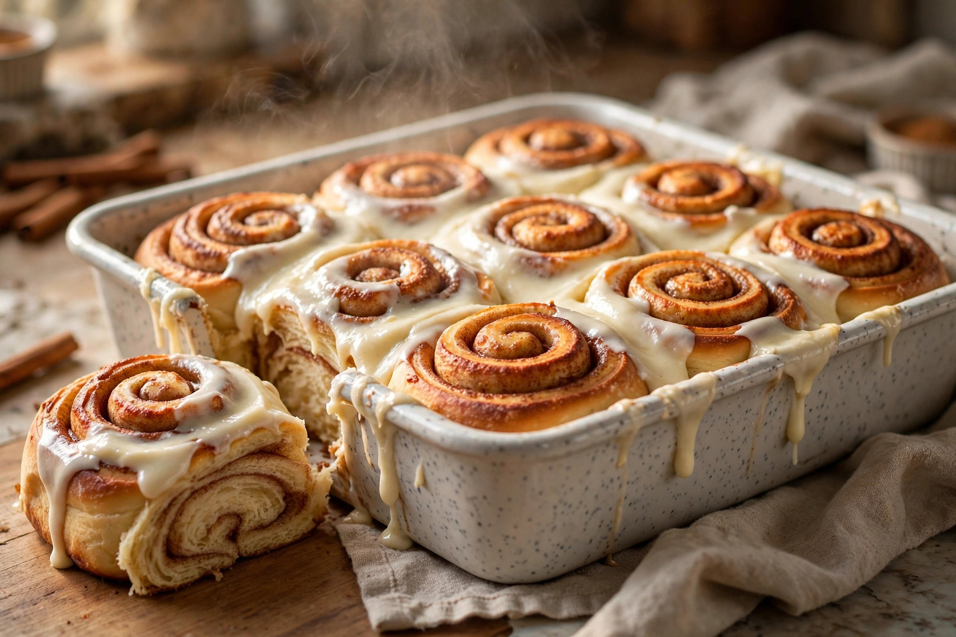 Pan of old fashioned cinnamon rolls with melting cream cheese frosting — old fashioned cinnamon rolls recipe