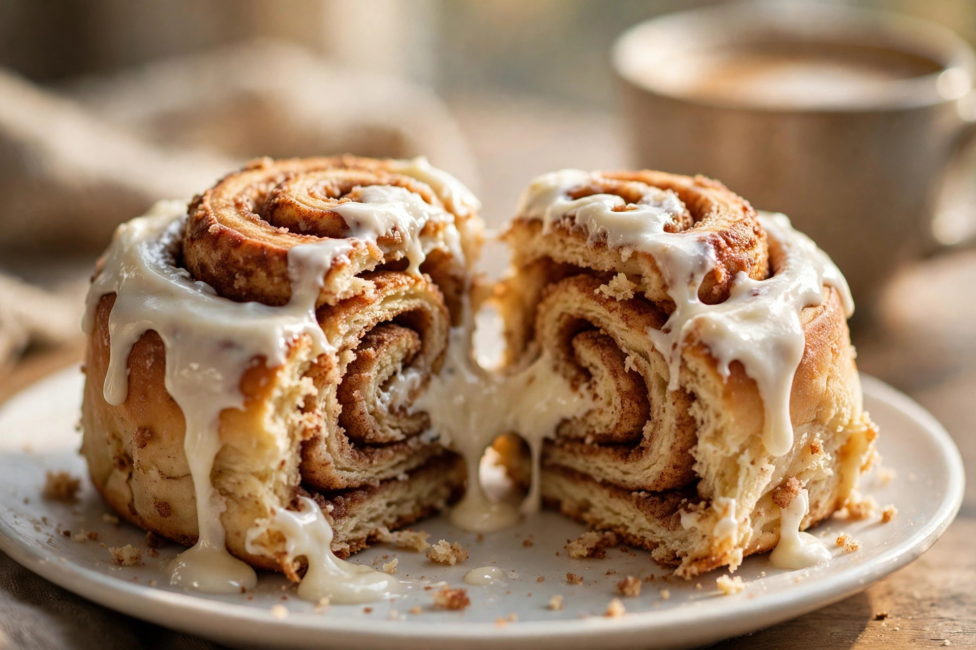 Homemade cinnamon roll pulled apart showing the cinnamon swirl — old fashioned cinnamon rolls recipe