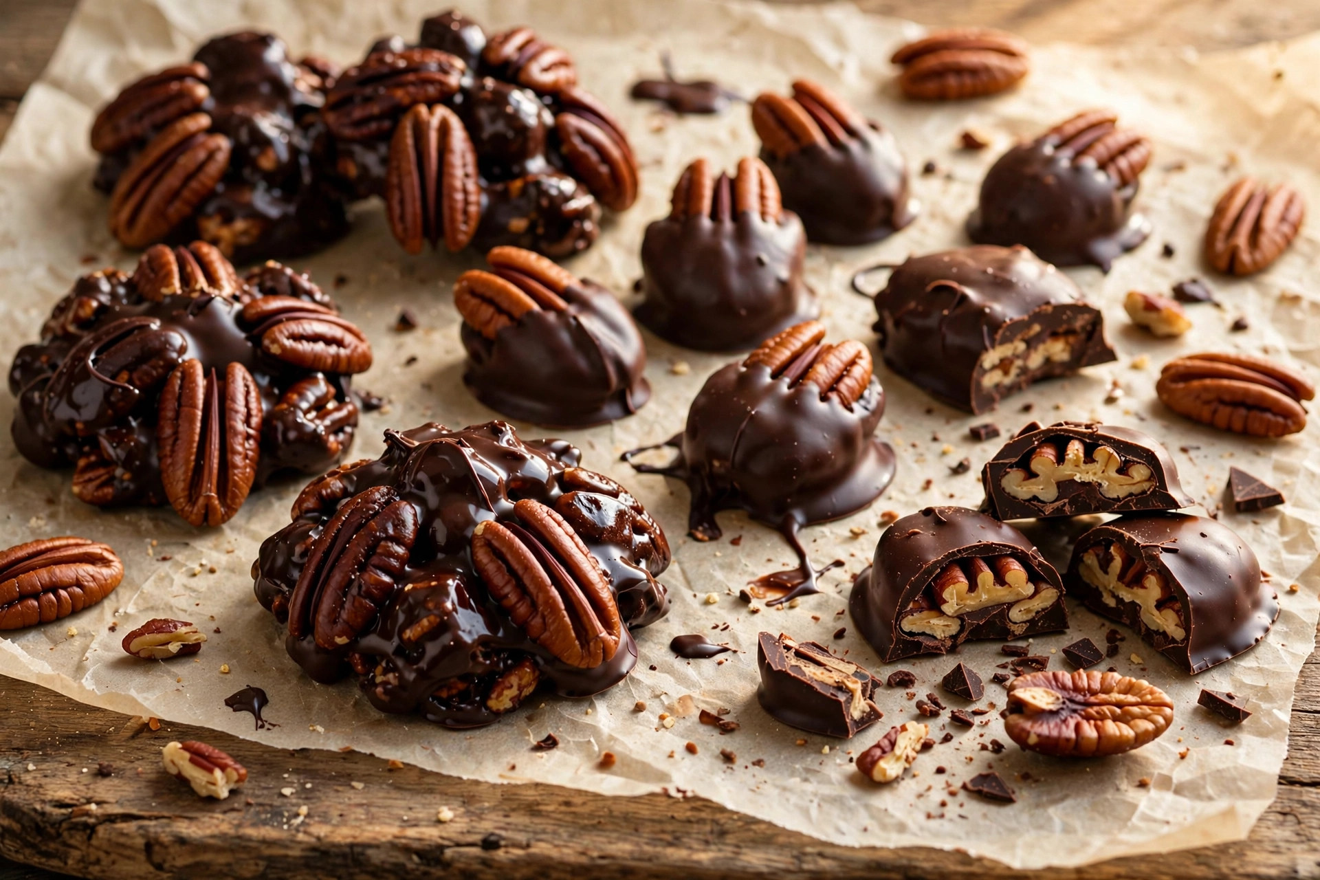 Overhead shot of pecan chocolate bark pieces with pecan halves on parchment paper