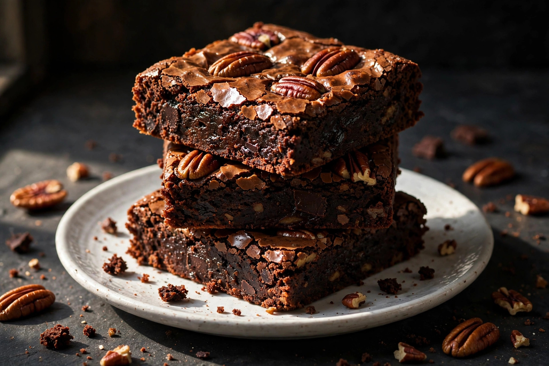 Stack of chocolate pecan fudge squares in a gift box with ribbon
