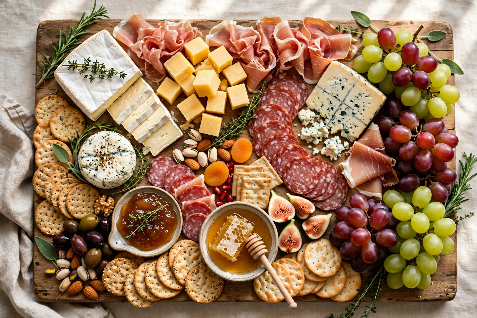 overhead wooden grazing board loaded with cheeses, cured meats, grapes and crackers for board night food ideas