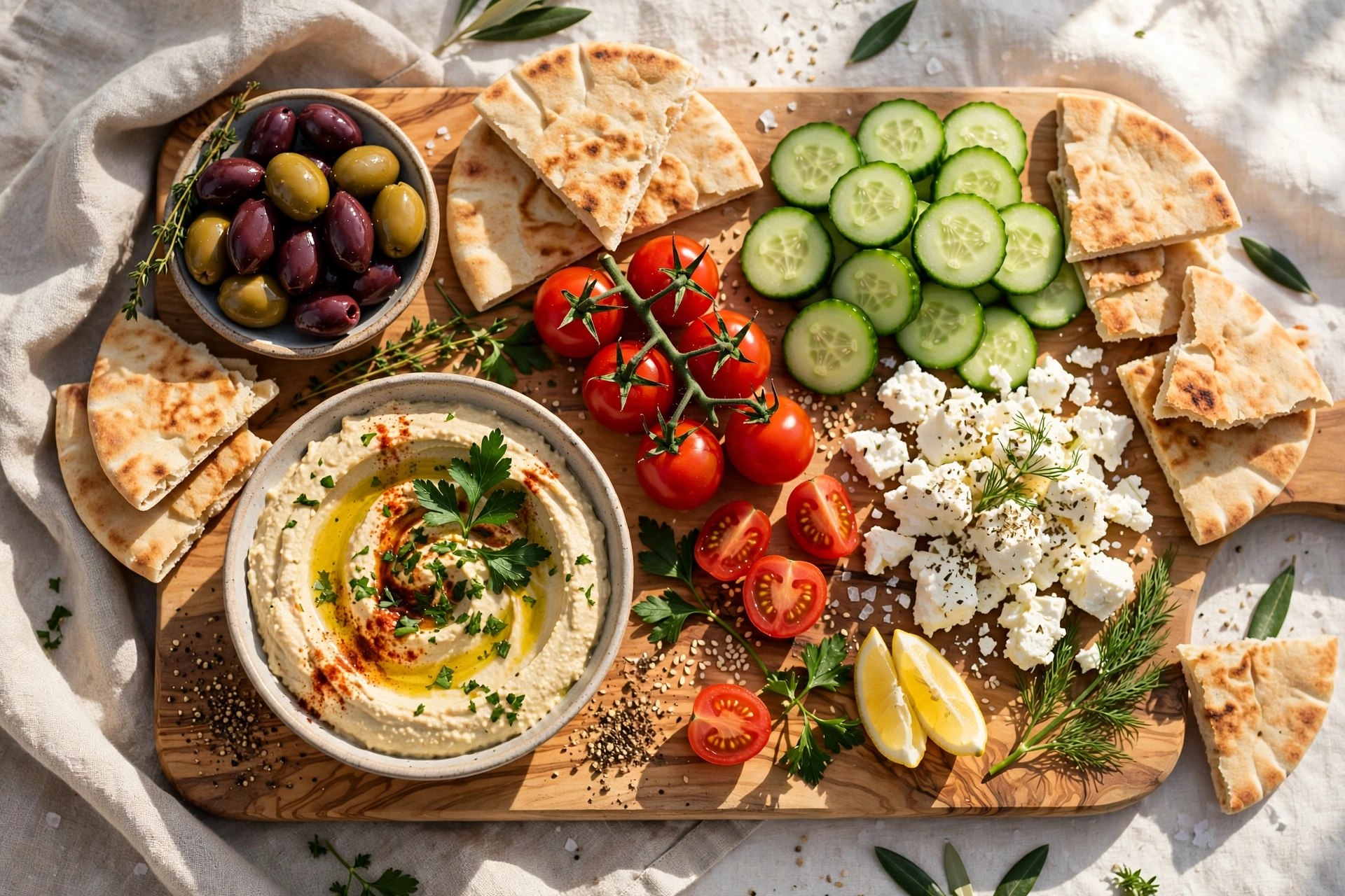 bright Mediterranean platter with hummus, olives, feta and pita for easy board night food ideas