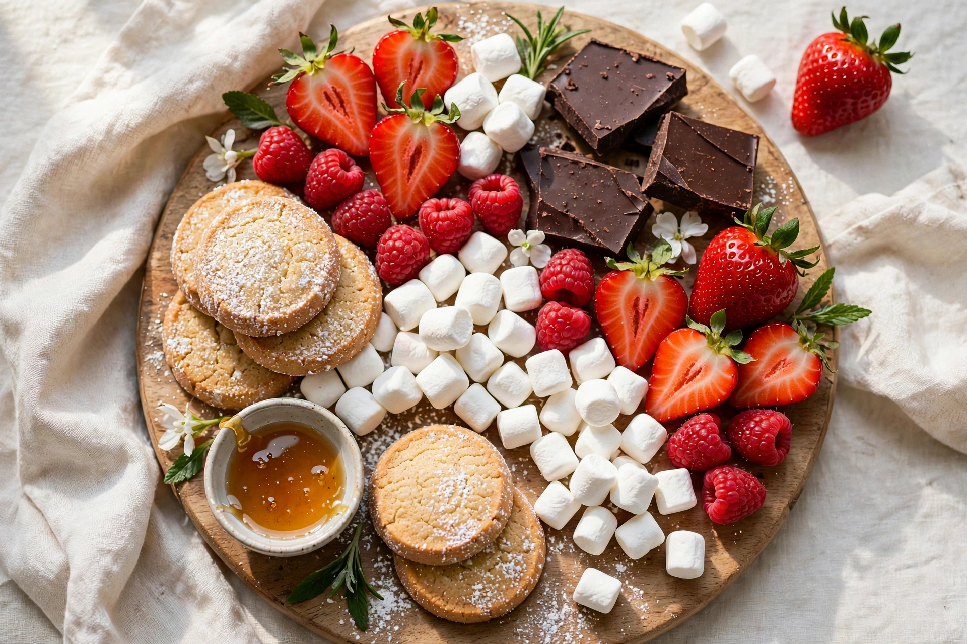 sweet dessert board with chocolate, strawberries and cookies for fun board night food ideas