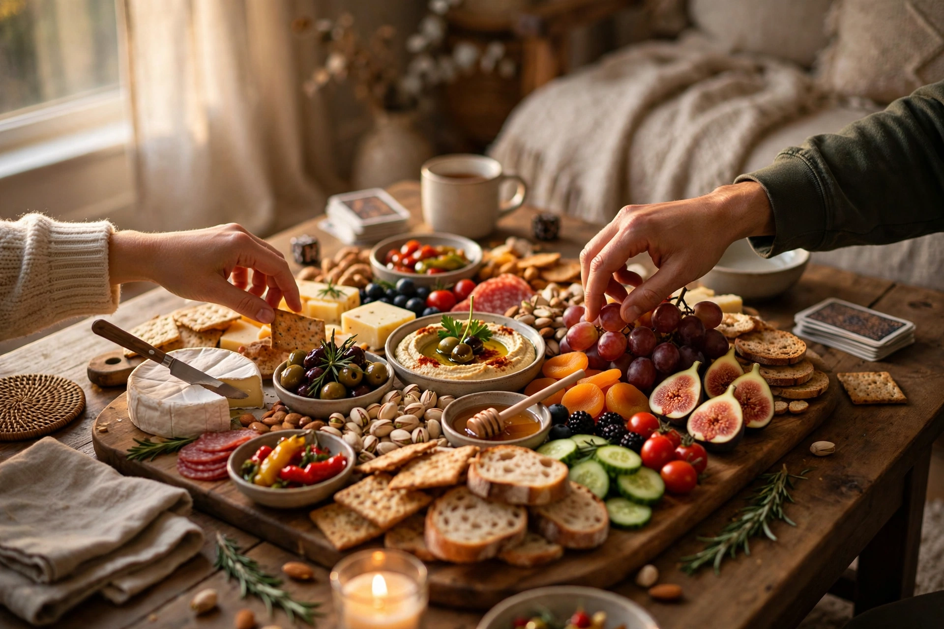 friends hands reaching for snacks over a coffee table board for cozy board night food ideas