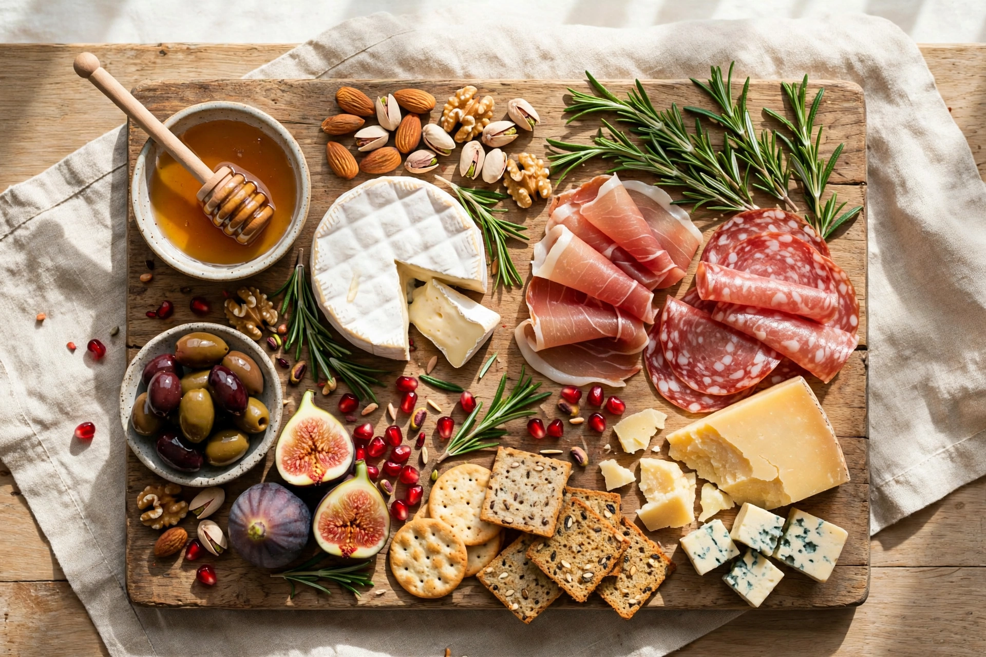 styled charcuterie board with honey dipper, nuts and rosemary for elegant board night food ideas