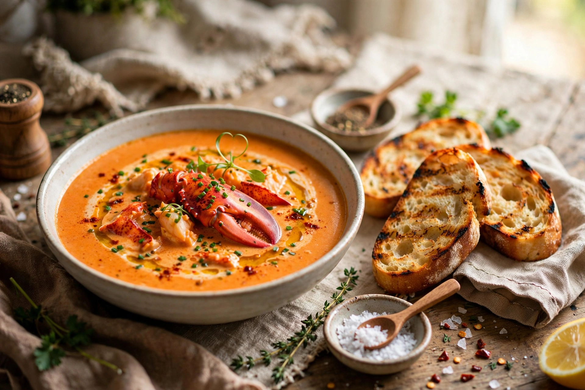 Lobster bisque with grilled bread for dipping, a favorite way to serve this lobster bisque recipe at home